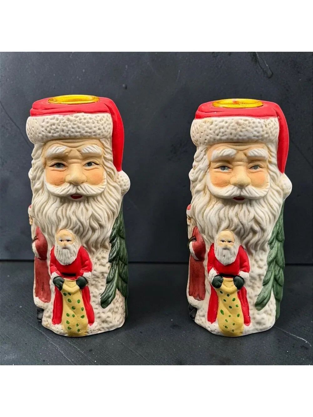 Vintage Ceramic Santa Candle Holders Set of 2 Christmas Holiday Decor
